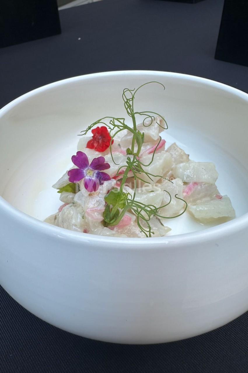 Assiette creuse blanche avec dés de poisson cru, fleurs comestibles pourpres et rouges, et microplantes.