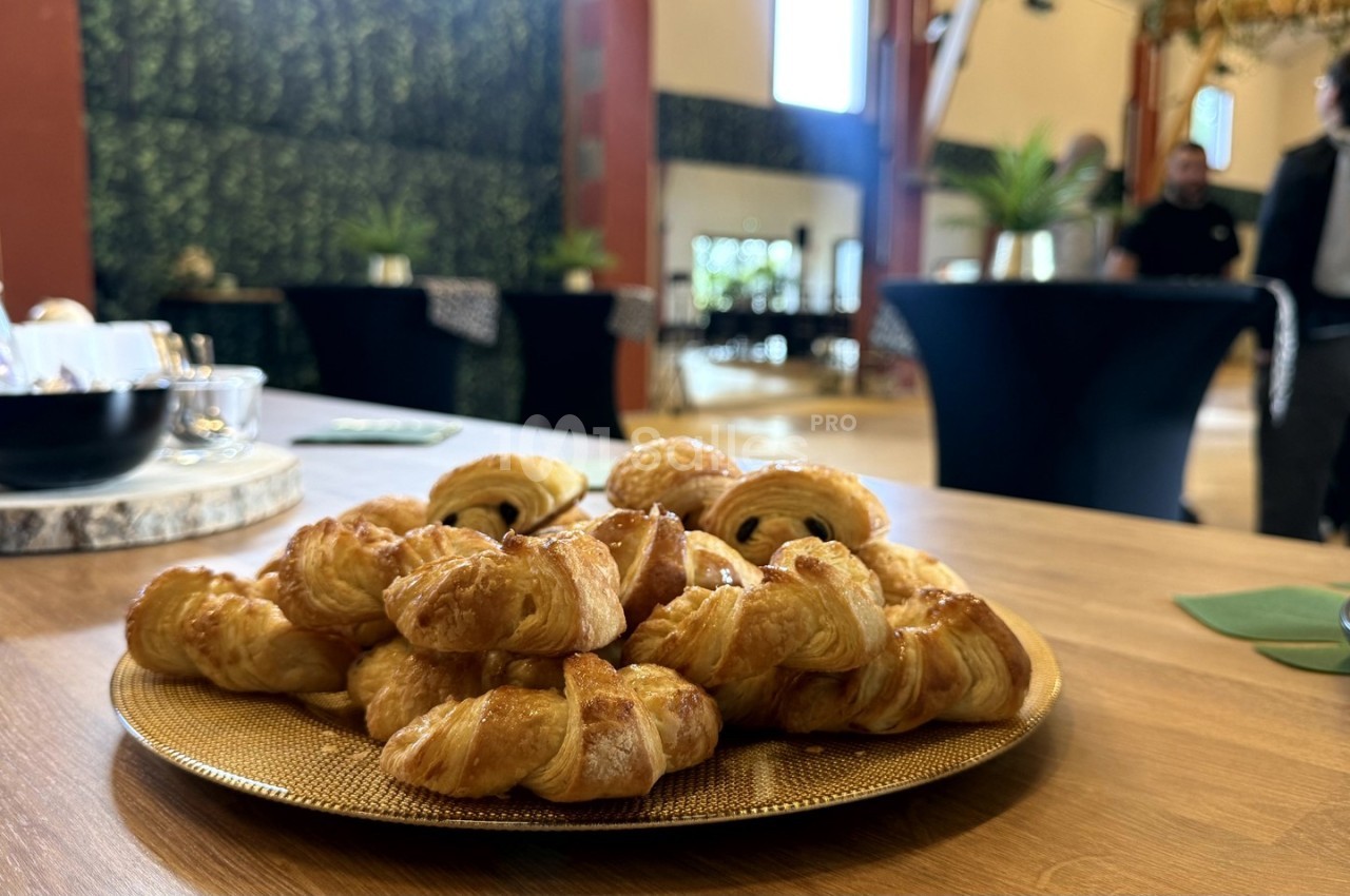 Assortiment de viennoiseries sur un plateau doré, posé sur une table en bois dans une salle décorée de plantes.