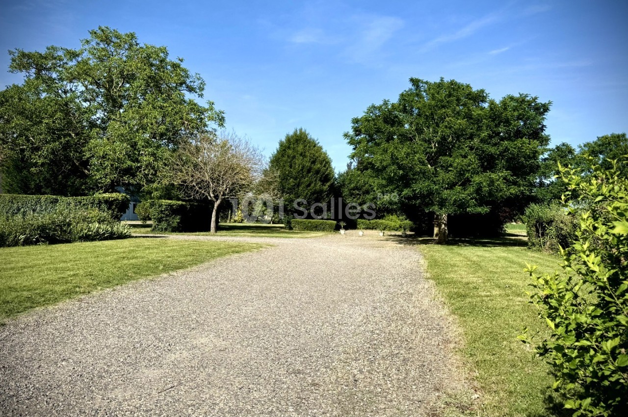 Allée pavée bordée de pelouses et d'arbres sous un ciel bleu, dans un parc calme et verdoyant.
