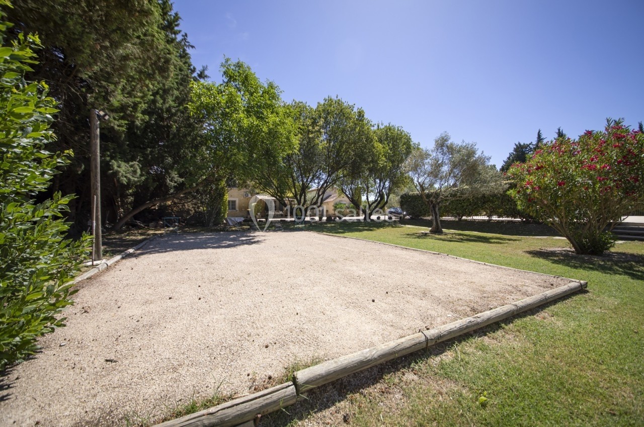 Terrain de pétanque ombragé entouré d'arbres et de verdure, sous un ciel bleu dégagé.