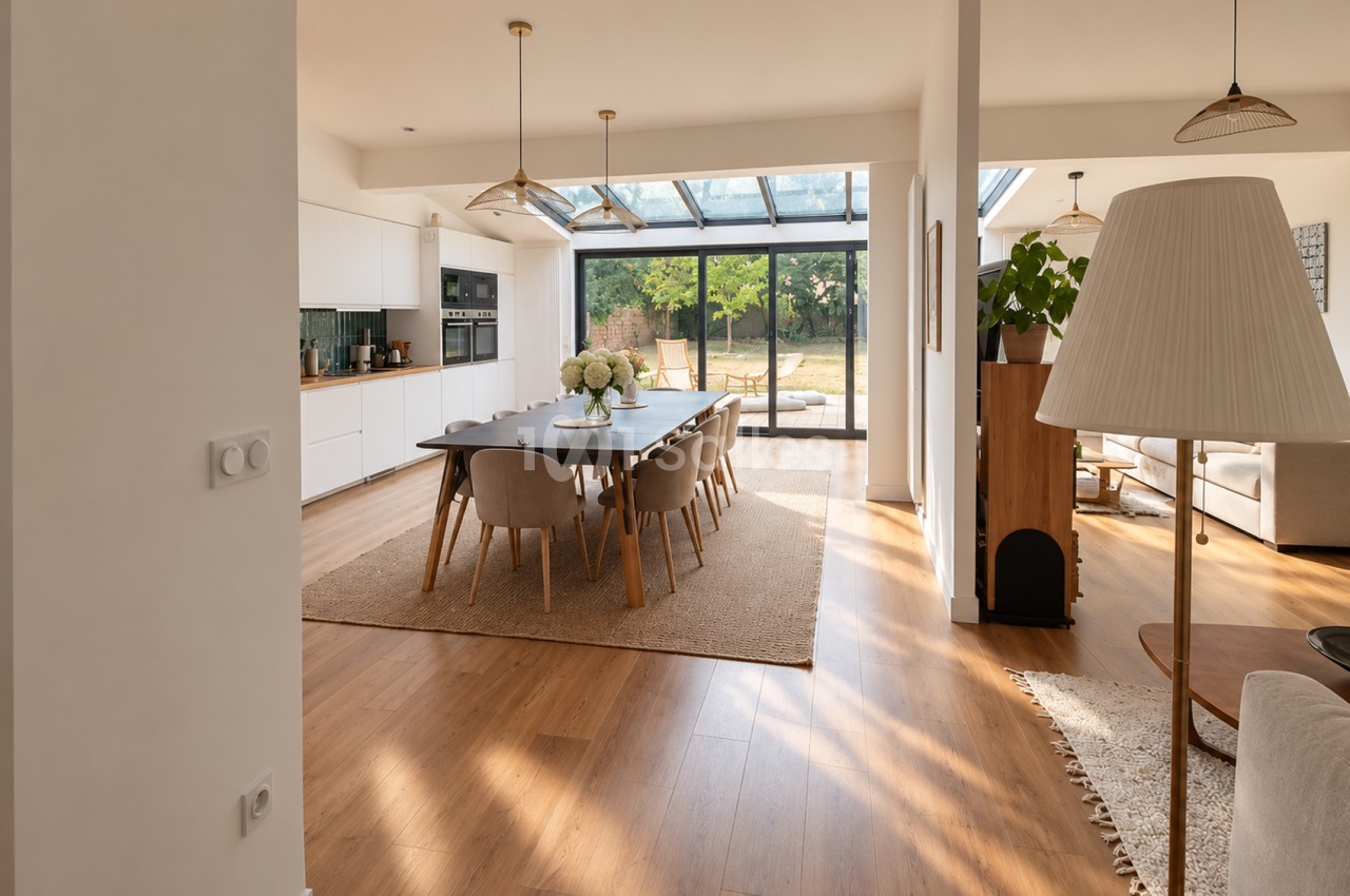 Salle à manger ouverte avec table dressée pour huit convives, cuisine contemporaine et baies vitrées sur jardin.