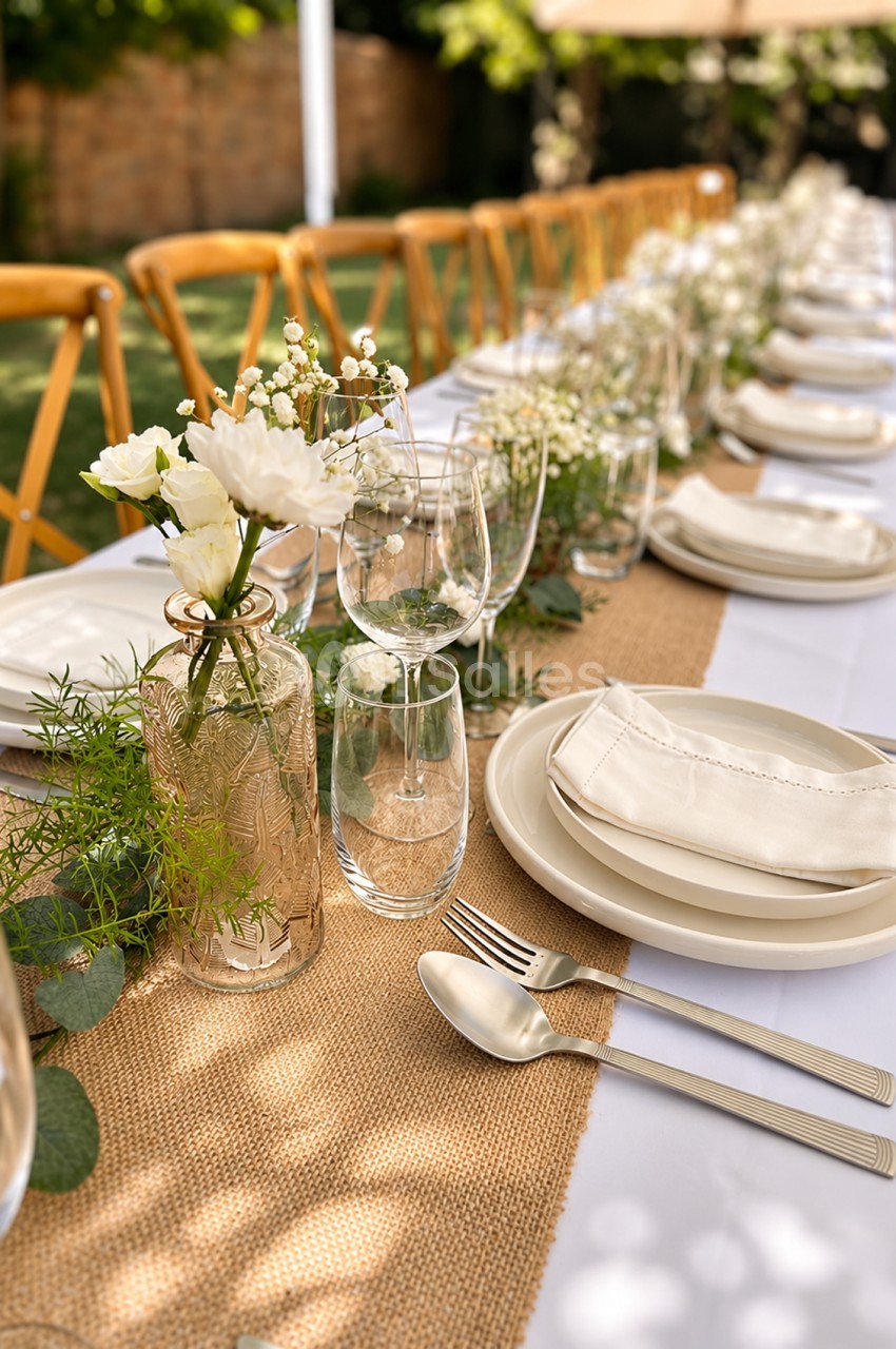 Table dressée en extérieur avec chemin de table beige, assiettes blanches, verres et couverts, fleurs blanches dans des vases dorés, chaises jaunes en arrière-plan.