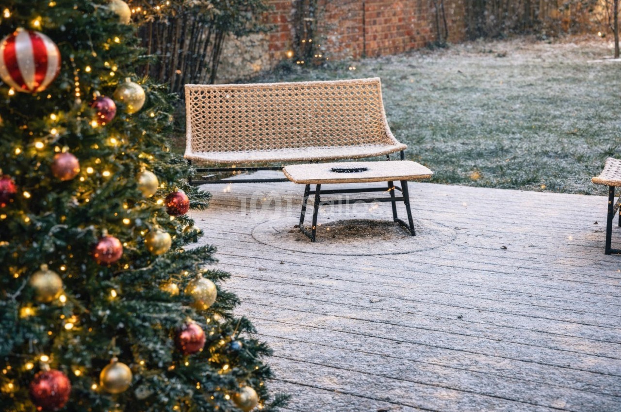 Terrasse enneigée avec sapin illuminé, chaise en rotin et table basse - mur de briques en arrière-plan.