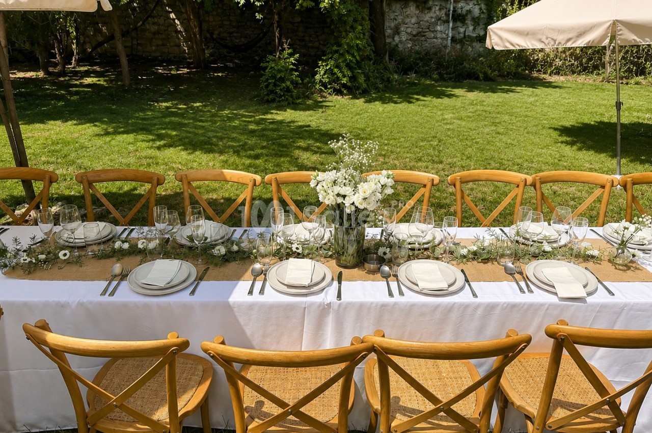 Table dressée en extérieur sur pelouse avec chaises en bois, vaisselle blanche, fleurs blanches et parasol beige.
