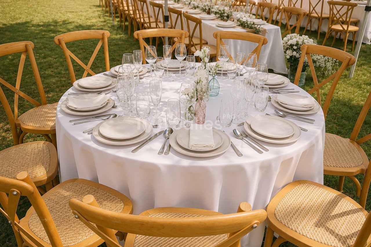 Table ronde dressée en extérieur avec nappe blanche, couverts argentés, verres et fleurs - chaises en bois clair avec cannage.