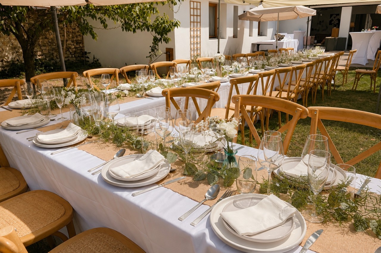 Table dressée en longueur dans un jardin avec chaises en bois, couverts, verres et compositions florales blanches - environ 30 places.