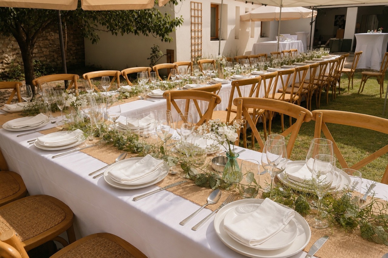 Table dressée en longueur dans une cour avec chaises en bois, vaisselle blanche, verres et décoration florale minimaliste.