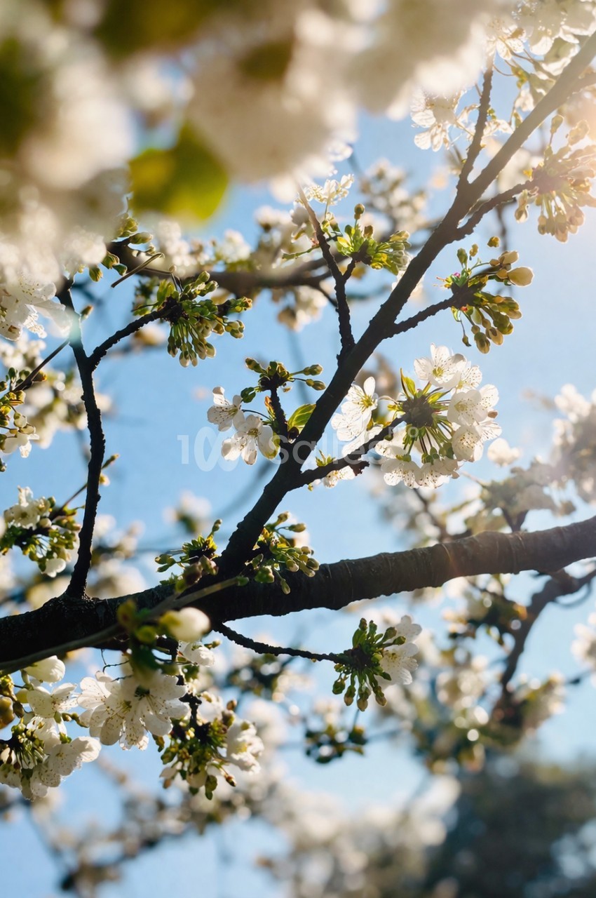 Branche d'arbre fruitier en fleur blanc et vert clair contre ciel bleu dégagé.
