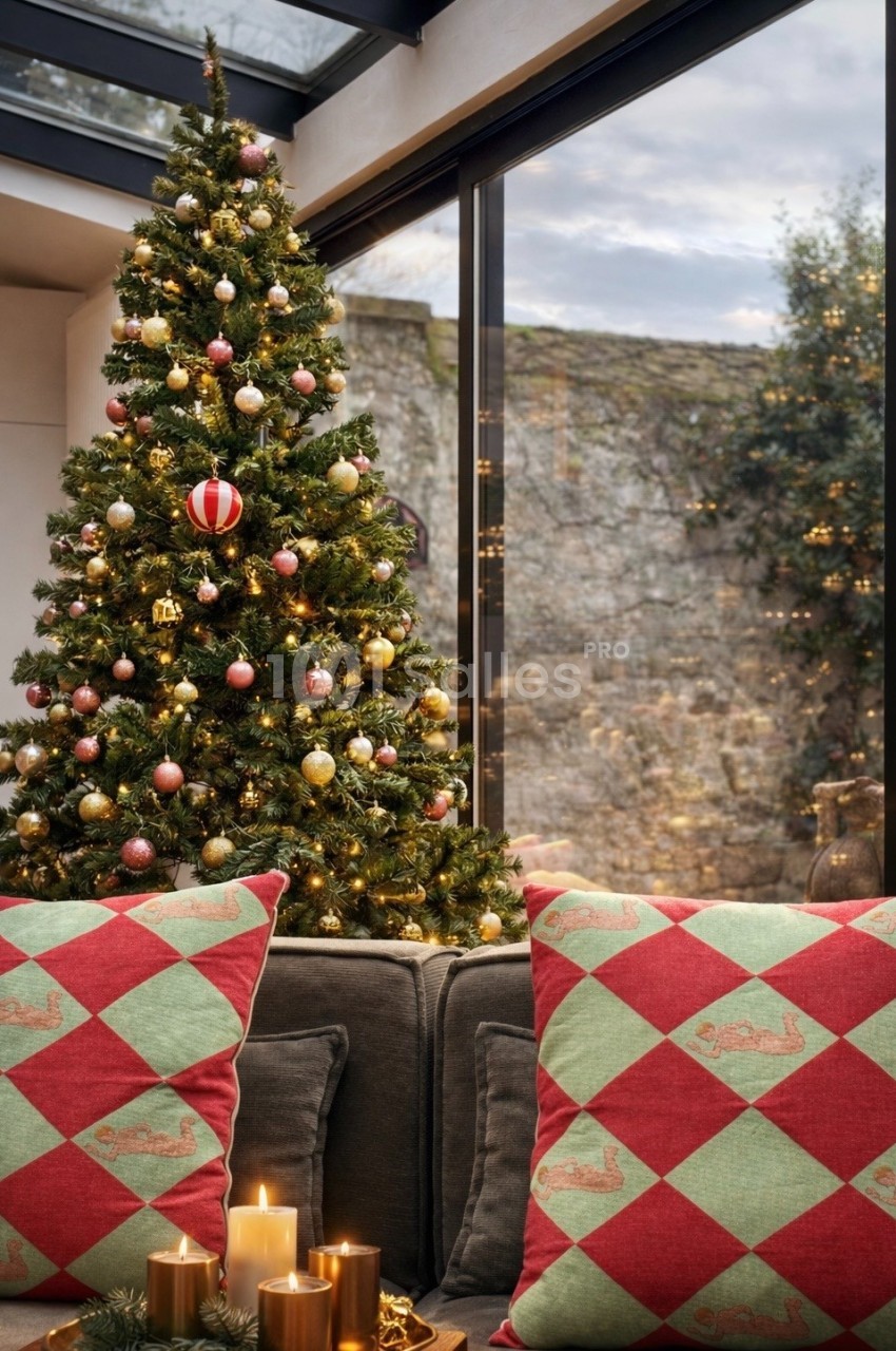 Sapin de Noël décoré de boules or et rose près d'une baie vitrée donnant sur des paysages en pierre.
