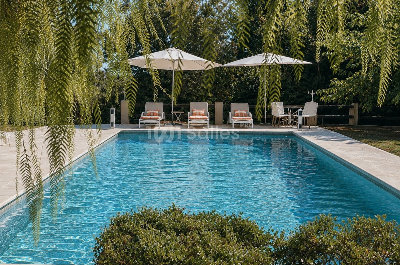 Piscine rectangulaire avec plage en pierre, trois transat à coussins orangés et parasols blancs, haies de saules pleureurs.