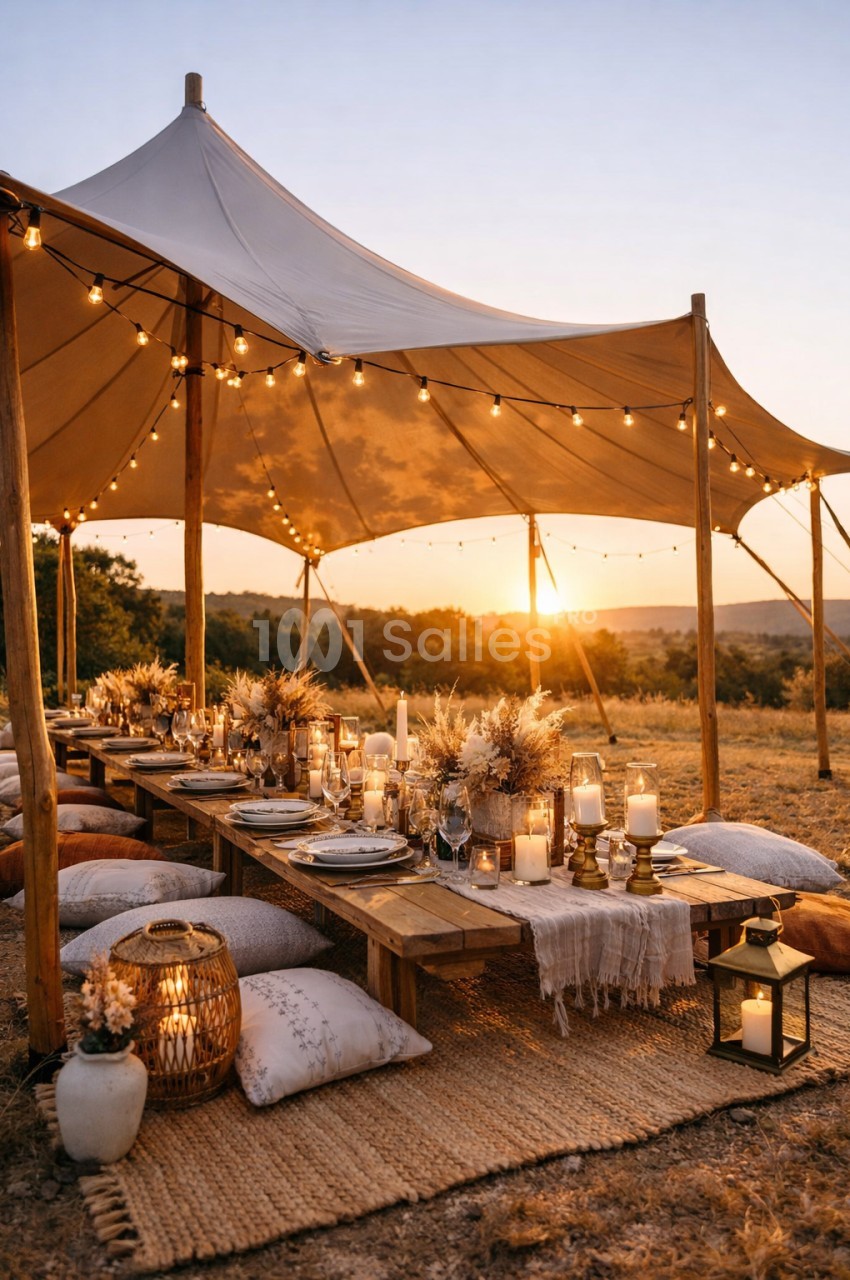 Table basse décorée pour un dîner en plein air sous une tente, éclairée par des guirlandes lumineuses au coucher du soleil.