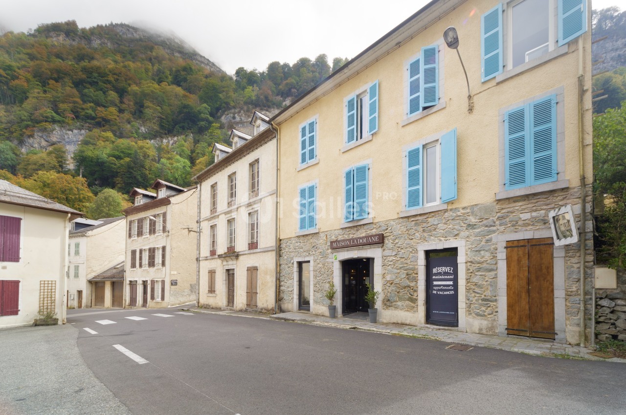 Rue calme bordée de bâtiments anciens aux volets colorés, avec une montagne boisée en arrière-plan.