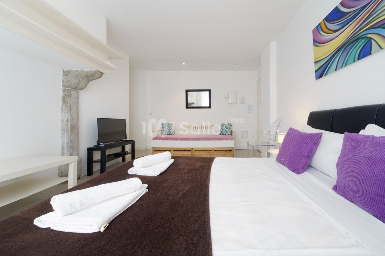 Chambre lumineuse avec lit double, canapé-lit, télévision, décor moderne et linge de lit plié sur le lit.