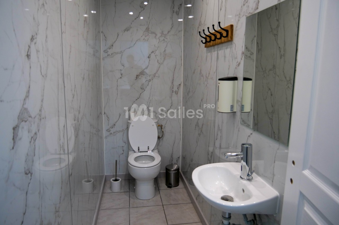 Salle de bain moderne avec murs en marbre, toilettes, lavabo, miroir et porte-manteaux en bois.