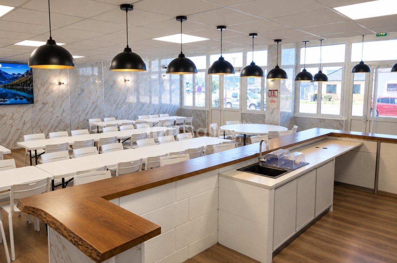 Salle de restauration lumineuse avec tables blanches, comptoir en bois, luminaires suspendus et grandes fenêtres.