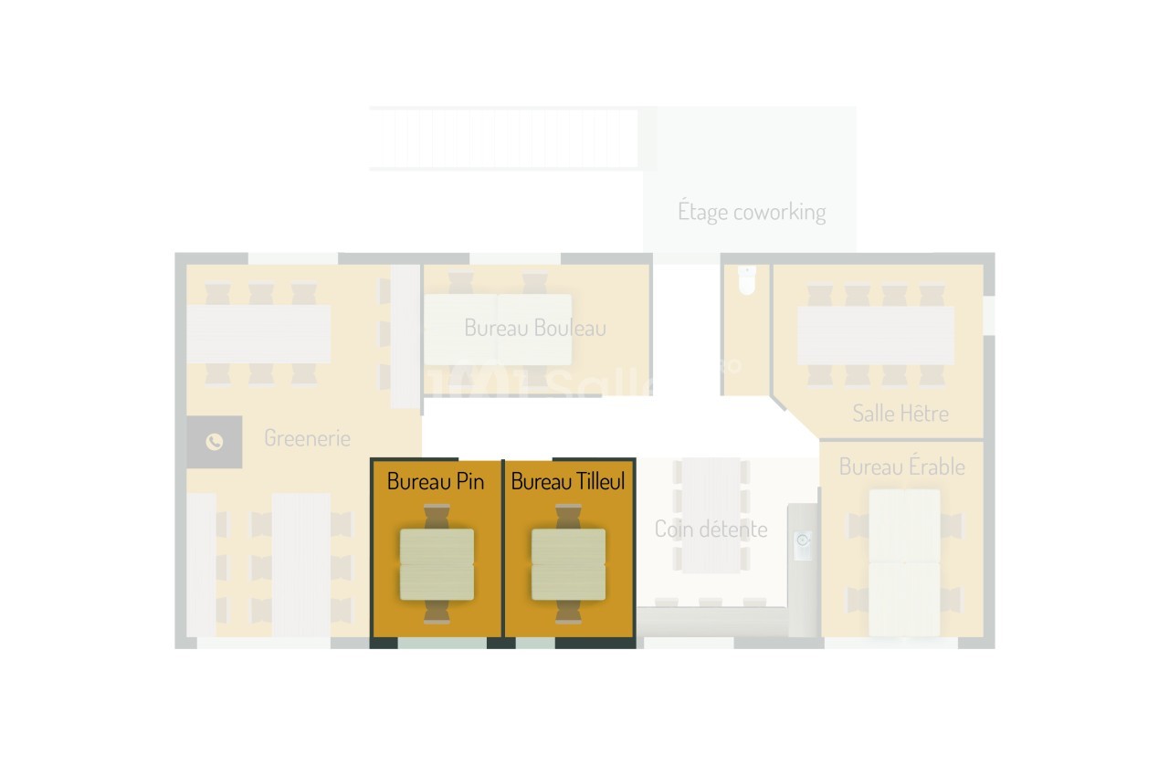 Plan d'étage montrant deux bureaux jaunes centraux - Bureau Pin et Bureau Tilleul - entourés de la Greenerie, Salle Hêtre et autres espaces de coworking.