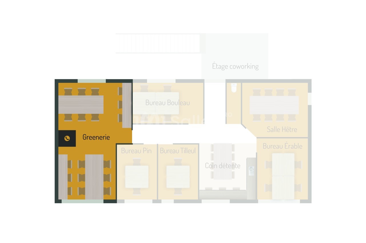 Plan schématique d'un espace de coworking avec greenerie, bureaux et salle d'étage.