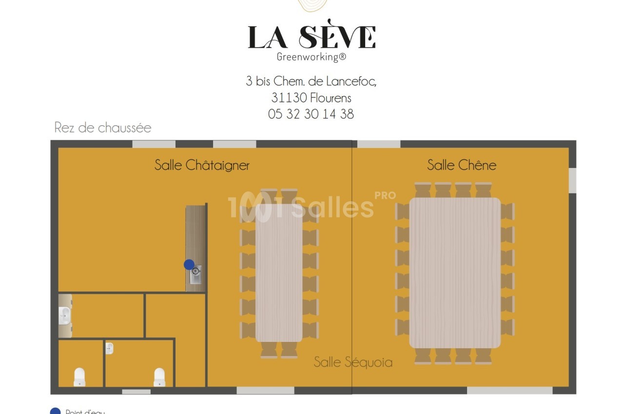 Plan d'étage du rez-de-chaussée avec trois salles - Châtaigner, Chêne et Séquoia - aménagement des espaces en jaune ocre.