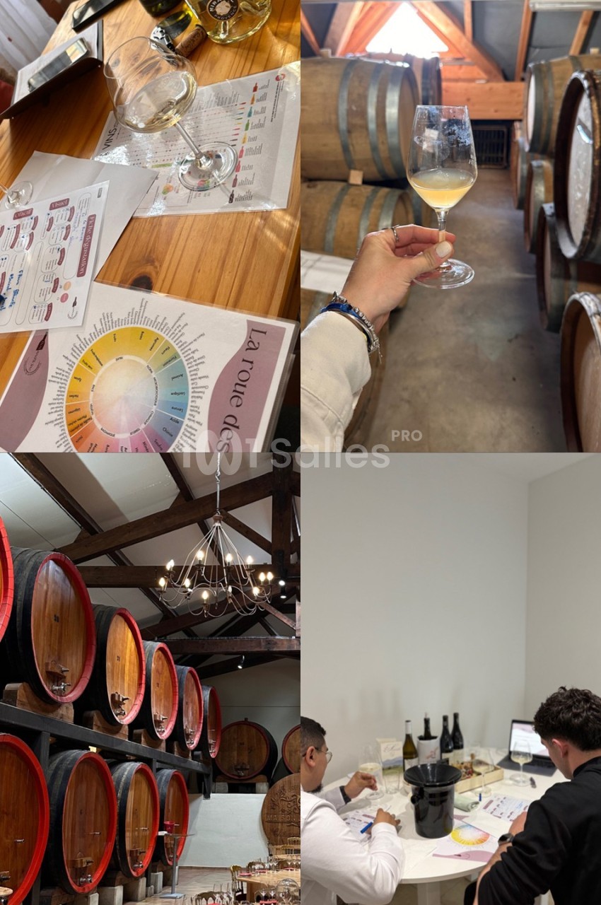 1. Dégustation de vin avec des verres et une roue des arômes sur une table en bois. 2. Verre de vin blanc tenu devant des…
