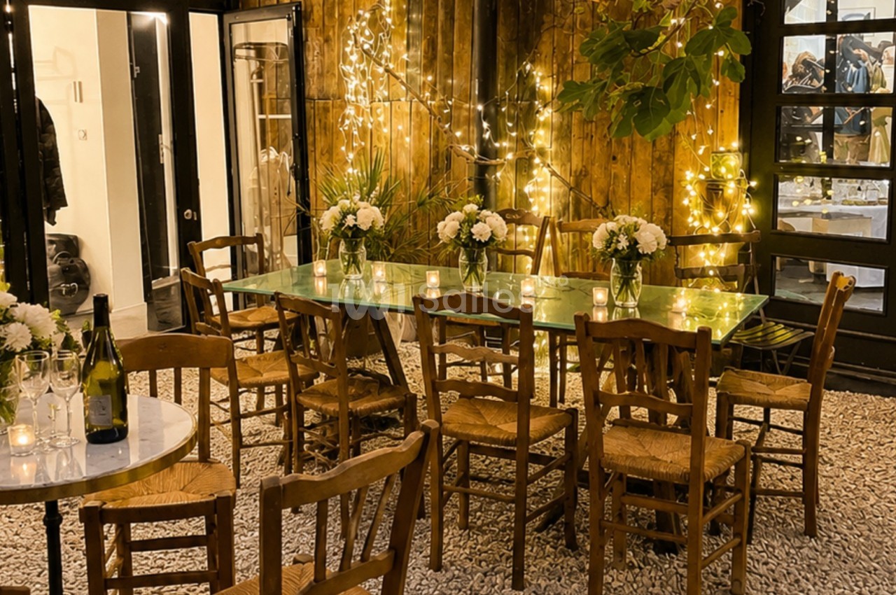 Terrasse éclairée avec des guirlandes lumineuses, tables en bois, chaises en paille et bouquets de fleurs blanches.