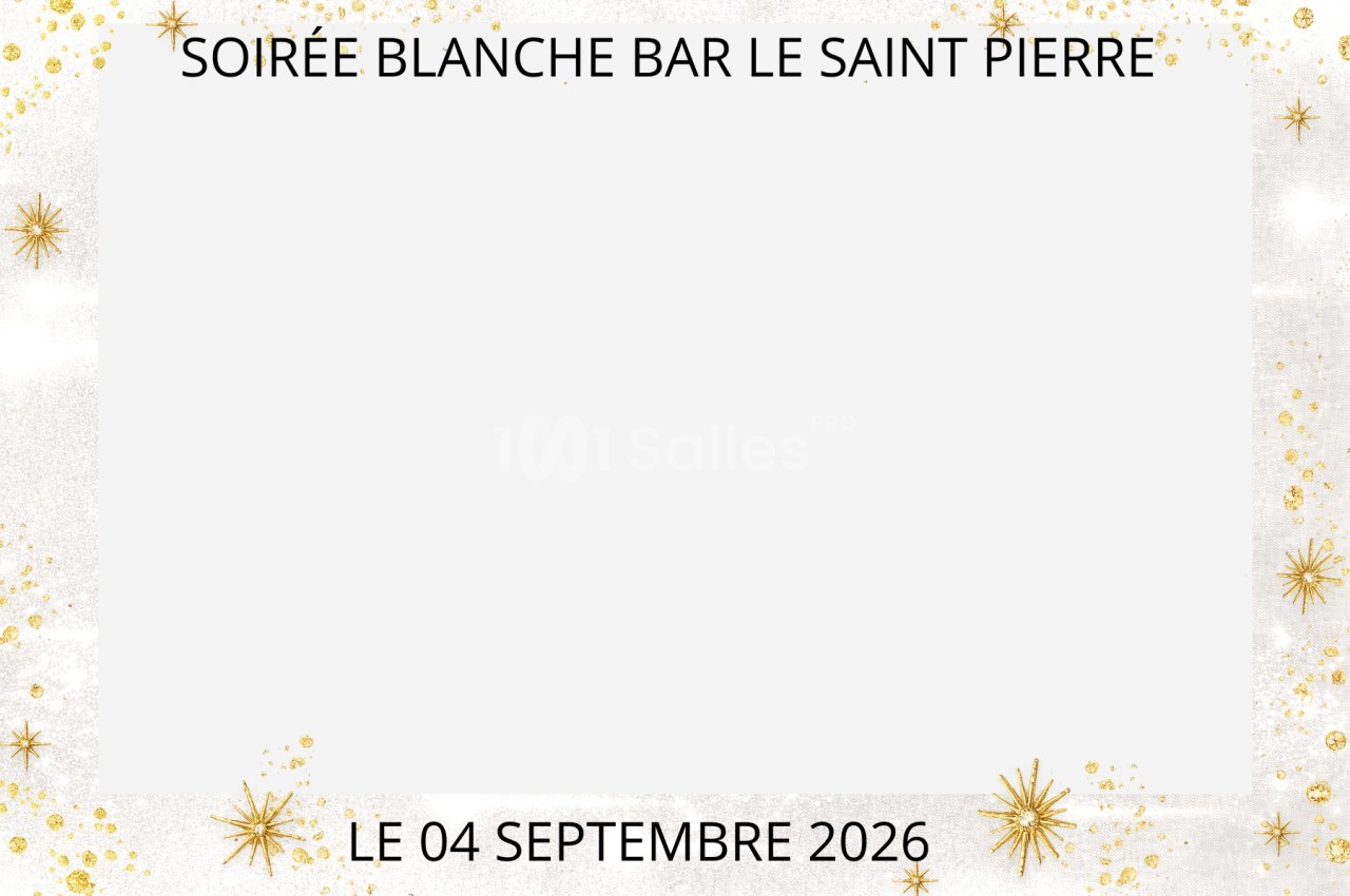 Fond blanc décoré d'étoiles dorées avec le texte ’Soirée Blanche Bar Le Saint Pierre, le 04 septembre 2026’.