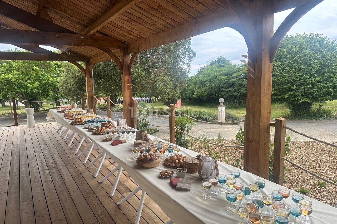 Terrasse couverte en bois avec buffet de charcuteries et verres de boisson, vue sur parc verdoyant.