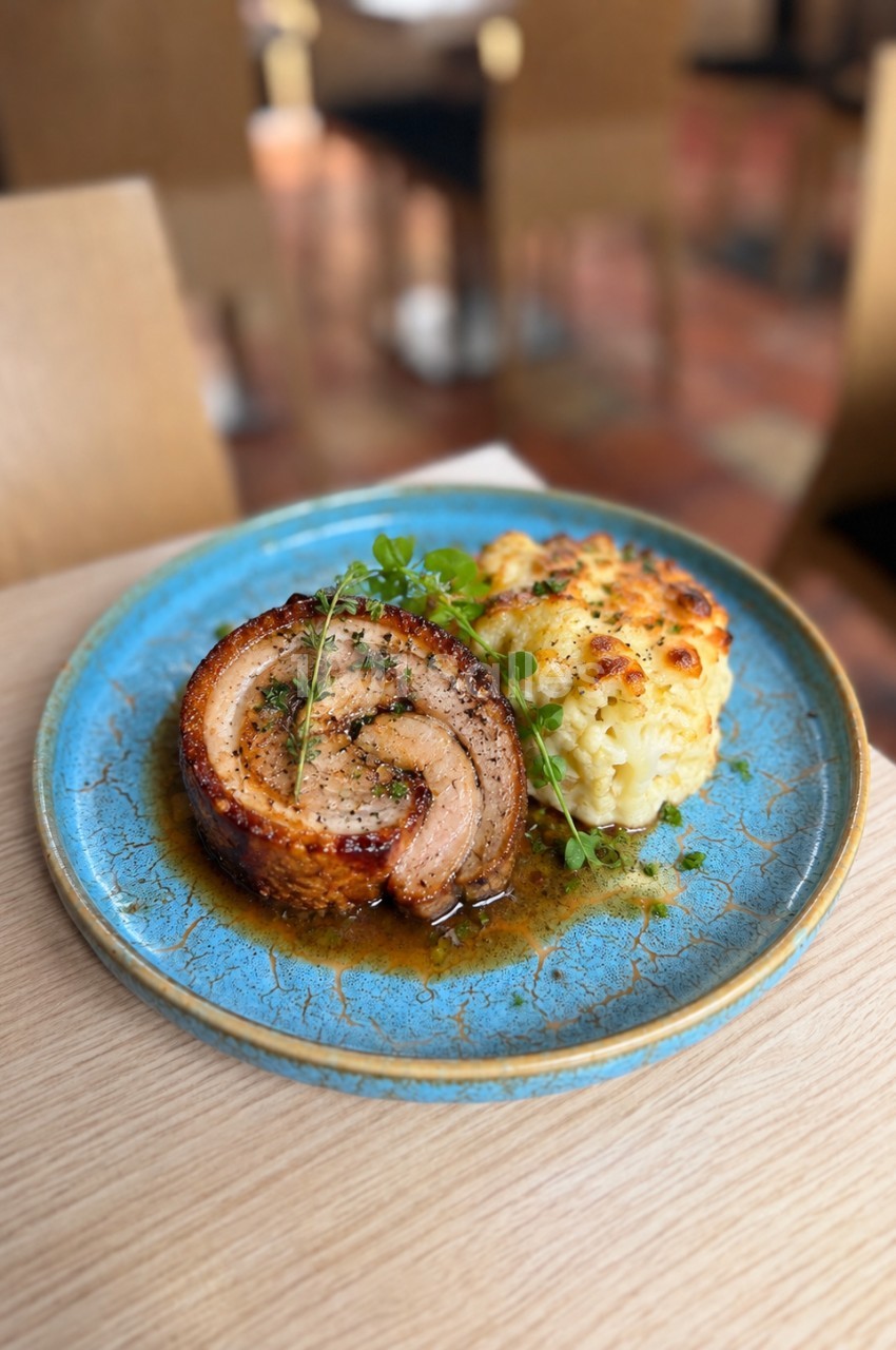 Assiette bleu turquoise avec roulade de viande rôtie et purée de pommes de terre gratinée, garniture d'herbes fraîches.