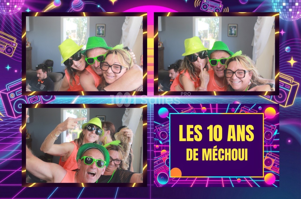Quatre photos de personnes souriantes portant des accessoires festifs, avec une bannière indiquant ’Les 10 ans de Méchoui’.