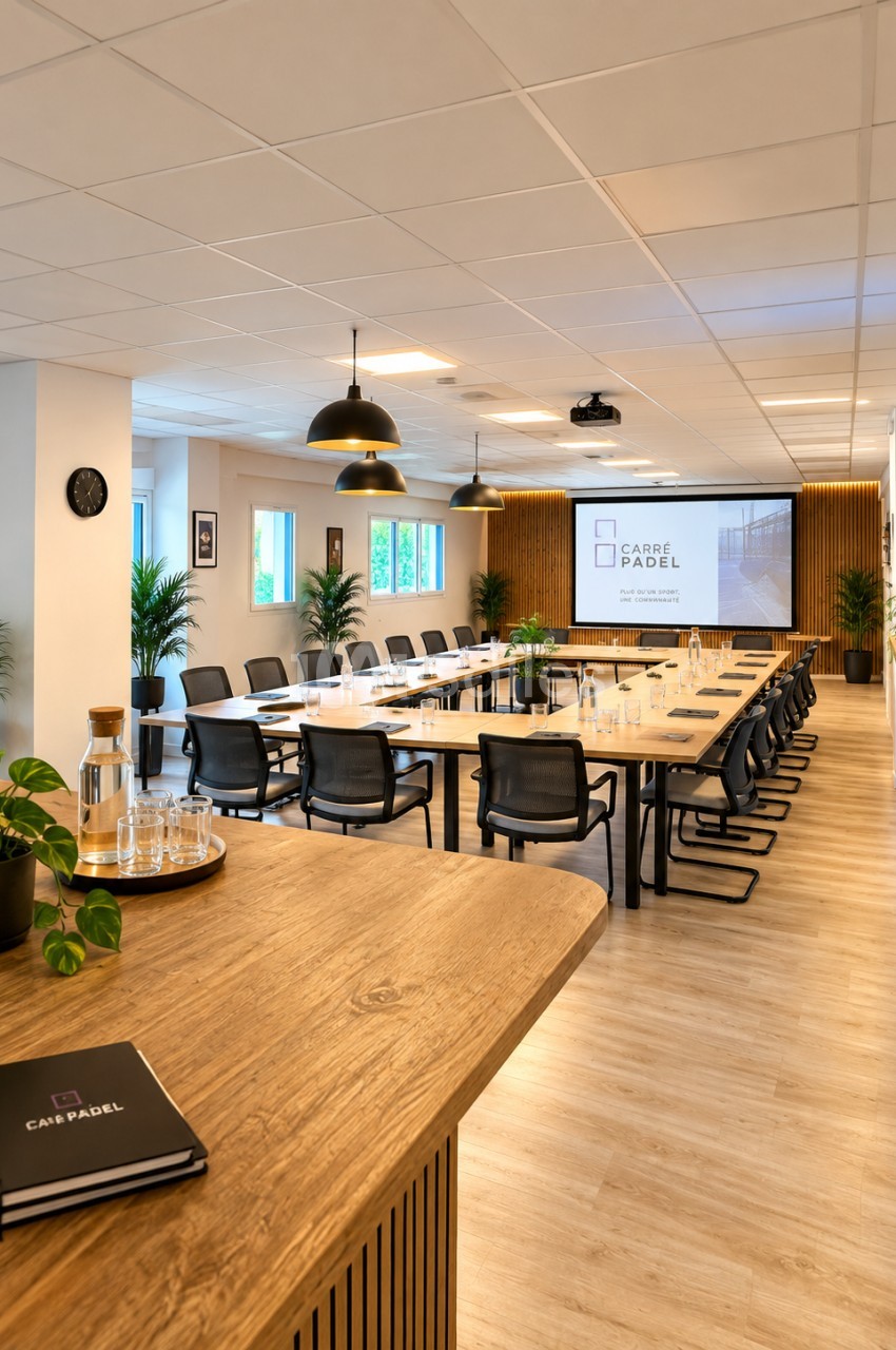 Salle de réunion avec tables en bois, chaises noires, écran de projection et luminaires suspendus.