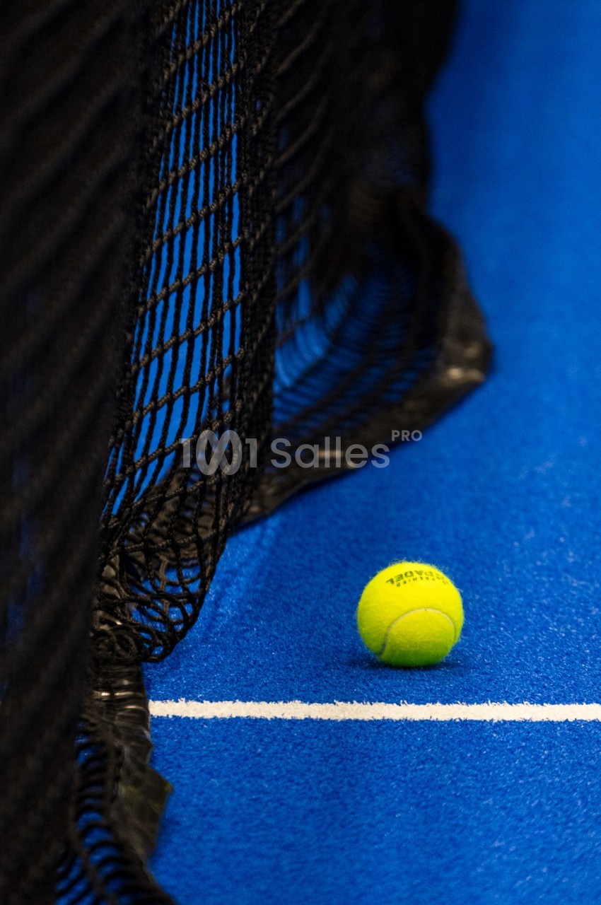 Balle de tennis jaune sur court bleu avec filet noir et ligne blanche.