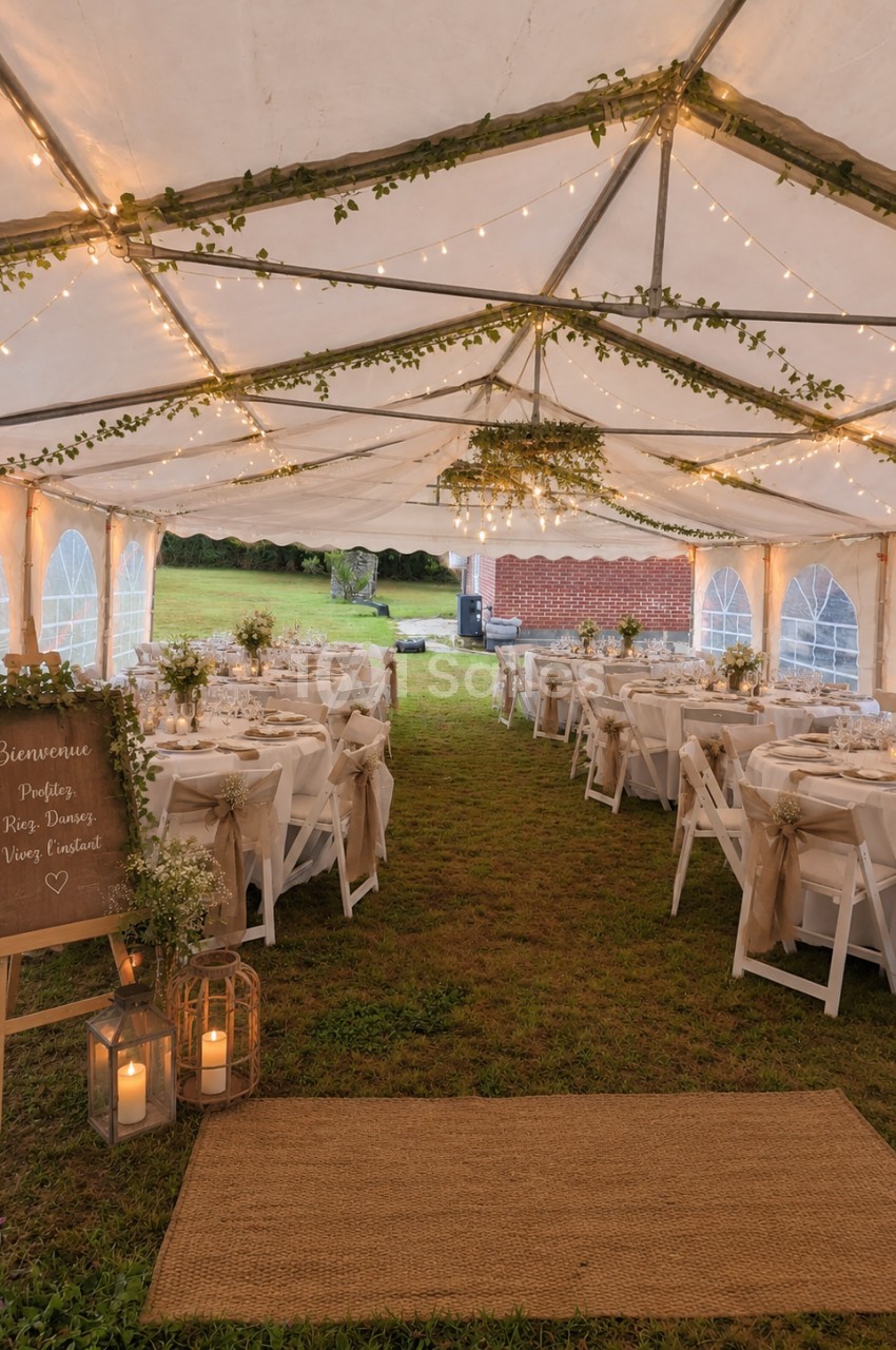 Intérieur de chapiteau transparent dressé en plein air - tables rondes nappe beige, chaises blanches, décoration végétale et guirlandes lumineuses.