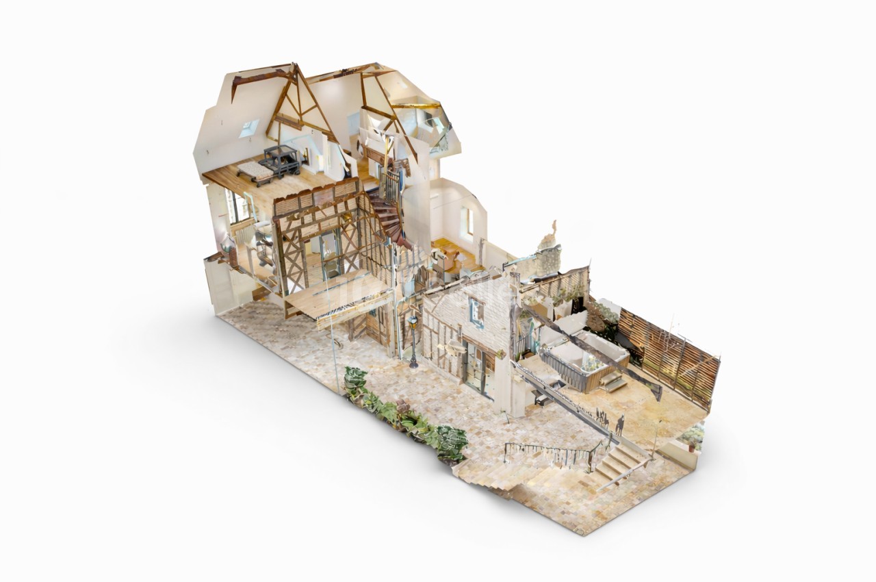 Maquette architecturale en 3D d'un bâtiment à étages avec charpente apparente et terrasse extérieure.