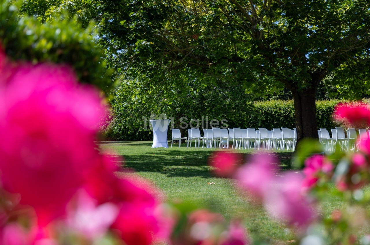 Chaises blanches alignées sous un grand arbre dans un jardin, avec des fleurs roses floues au premier plan.