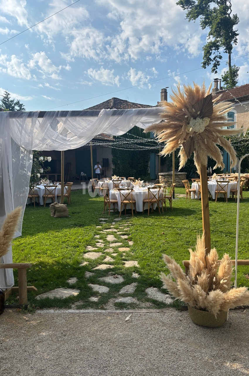 Décoration de mariage en extérieur avec arche en voilage blanc, tables dressées et ornements de pampas sur pelouse.