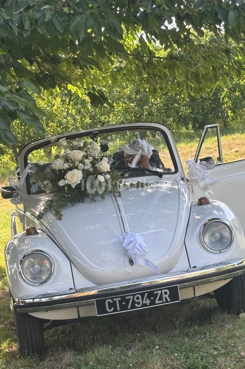 Coccinelle blanche décorée de fleurs blanches pour un mariage, stationnée sous un arbre dans un cadre verdoyant.