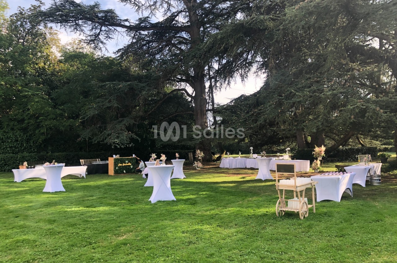 Tables hautes et buffets dressés sur une pelouse verdoyante, entourés d'arbres, pour un événement en plein air.