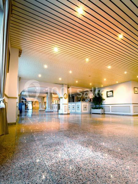 Hall spacieux avec sol en marbre brillant, plafond à lattes éclairé et décor sobre comprenant des plantes et des cadres.