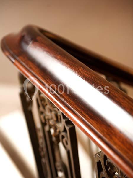 Main courante en bois verni avec des motifs en fer forgé, éclairée par une lumière naturelle.