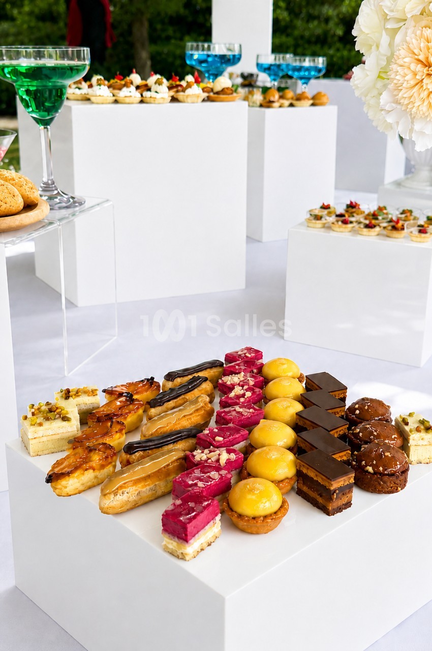 Assortiment de pâtisseries et desserts variés présentés sur des présentoirs blancs lors d'un événement en extérieur.