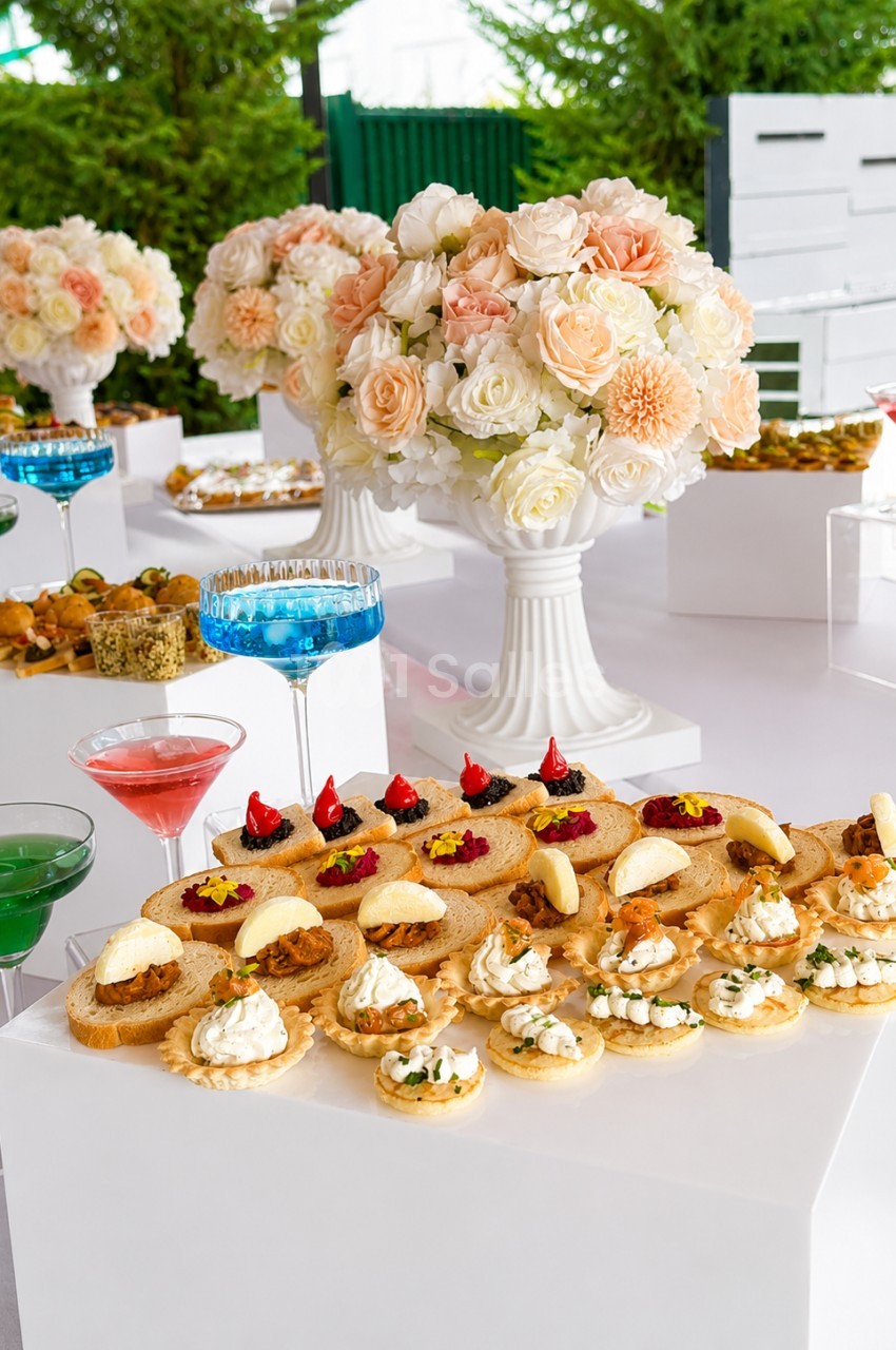 Plateau de canapés variés disposés sur une table blanche, entouré de cocktails colorés et de bouquets de fleurs.