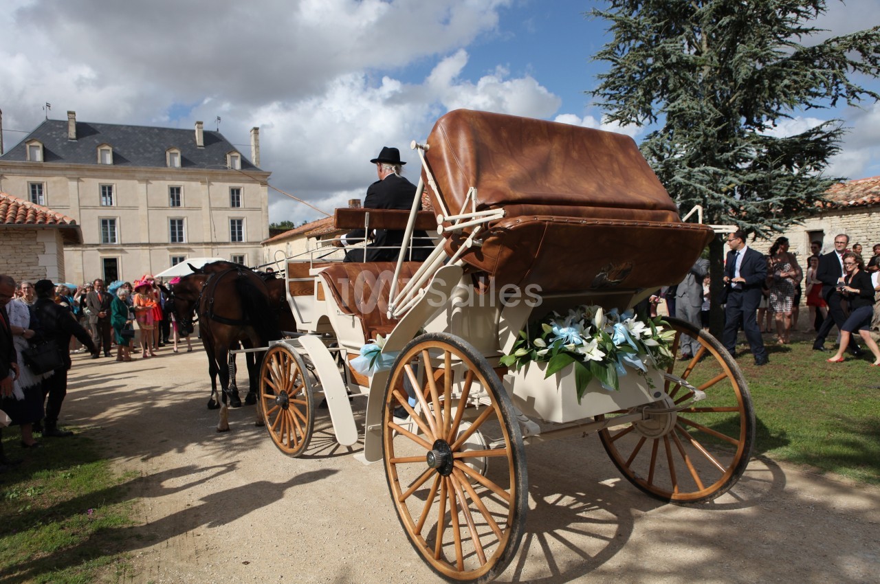 Une calèche tirée par un cheval, décorée de fleurs, avance dans une cour entourée de bâtiments et de spectateurs.