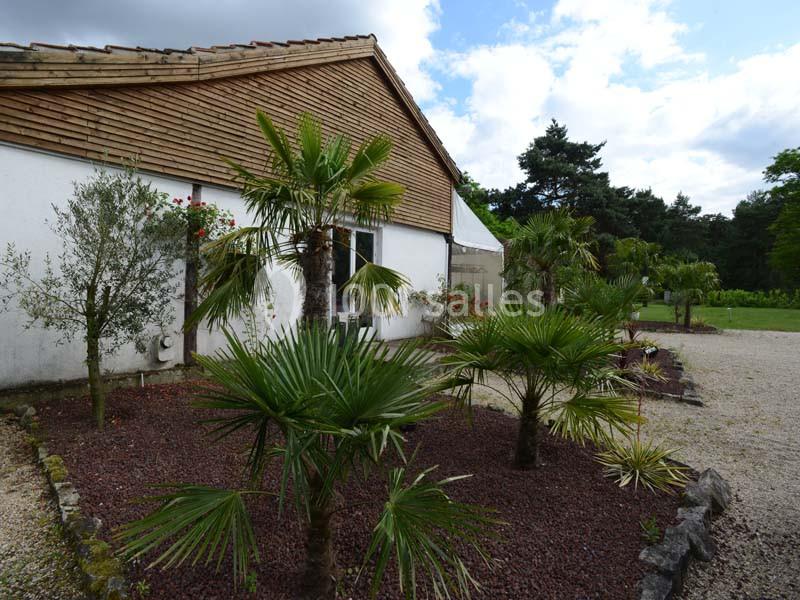 Façade d'un bâtiment avec bardage en bois, entourée de palmiers et d'un jardin de gravier rouge.