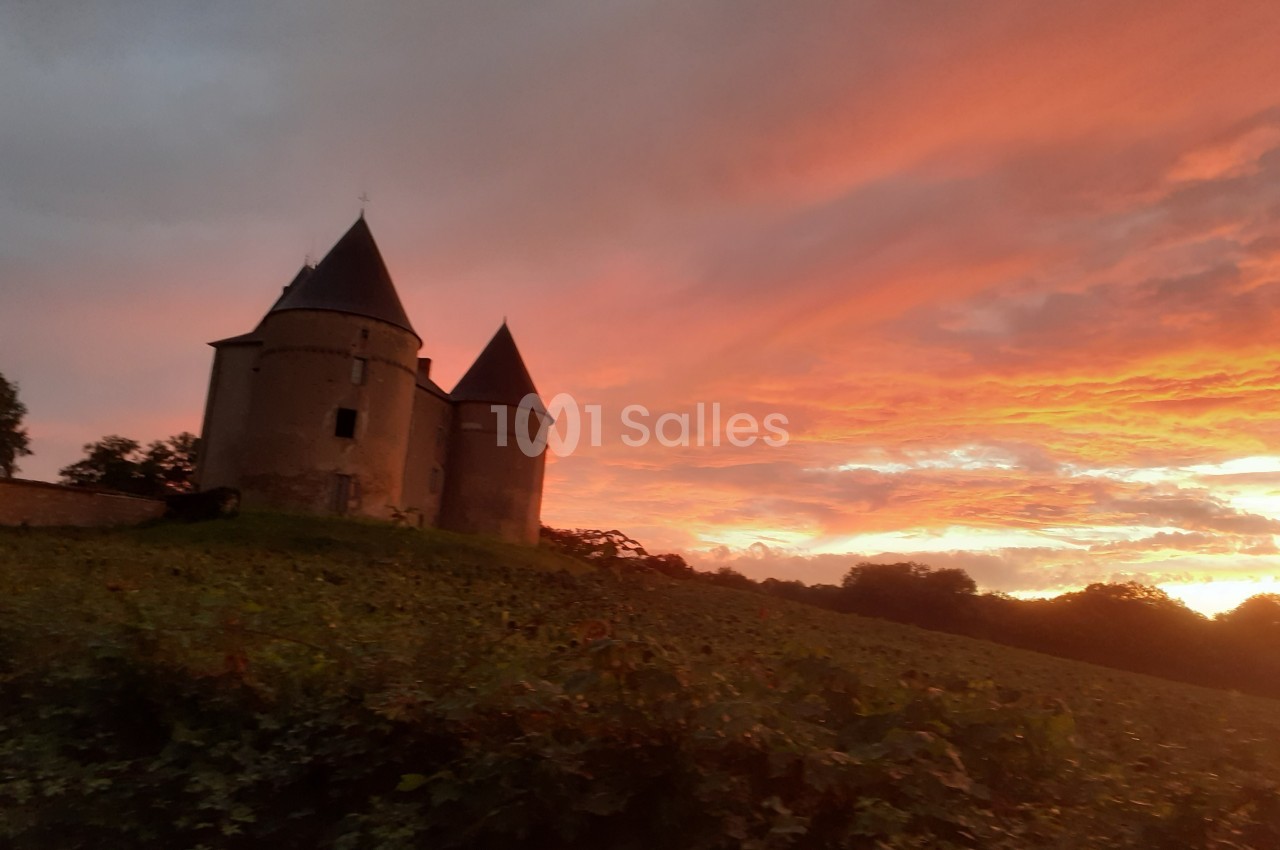 Château à deux tours rondes entouré de vignes sous un ciel de coucher de soleil aux teintes orangées.