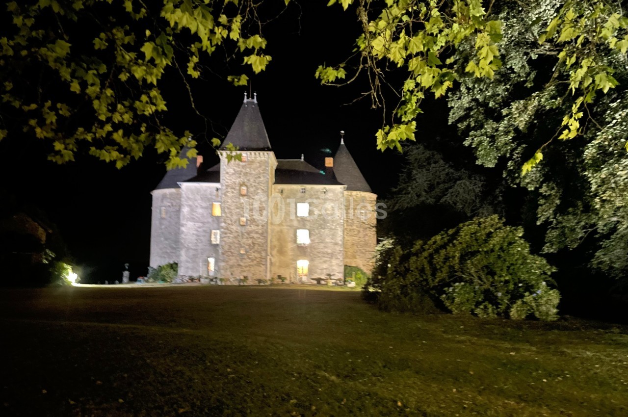 Château en pierre éclairé de nuit, entouré d'arbres et d'une pelouse sombre.