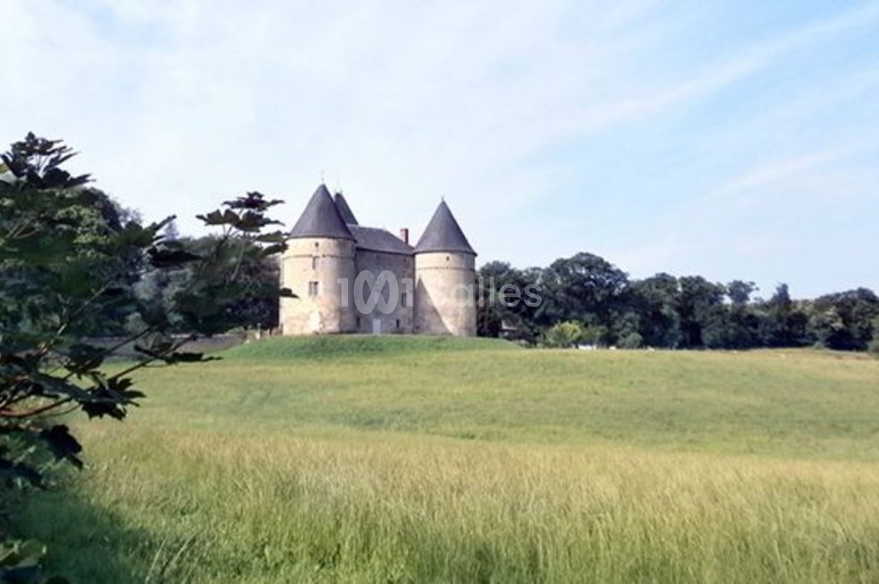Château en pierre avec deux tours, entouré de verdure et d'un champ sous un ciel dégagé.