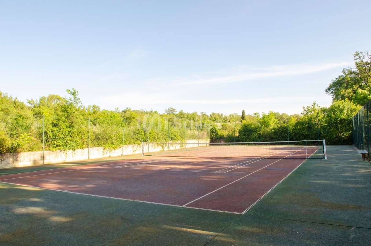 Terrain de tennis extérieur en terre battue entouré de végétation et éclairé par une lumière naturelle.