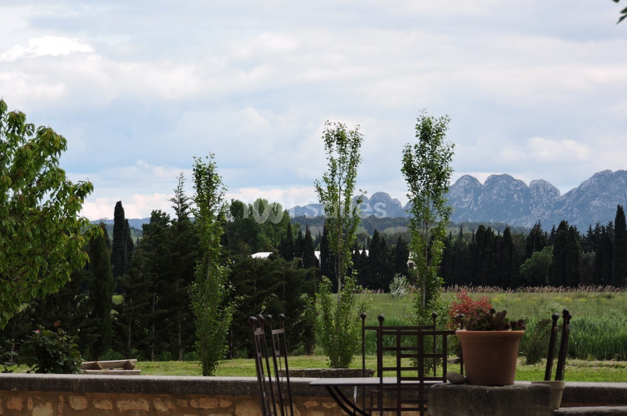 Paysage rural avec des arbres, des montagnes en arrière-plan et une terrasse en pierre avec des chaises et une plante en pot.