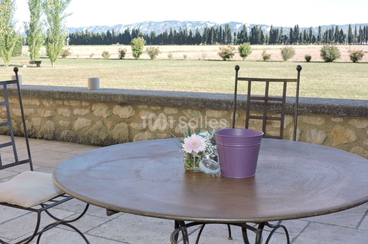 Table ronde en métal avec un seau violet et un vase de fleurs, sur une terrasse avec vue sur un paysage champêtre.