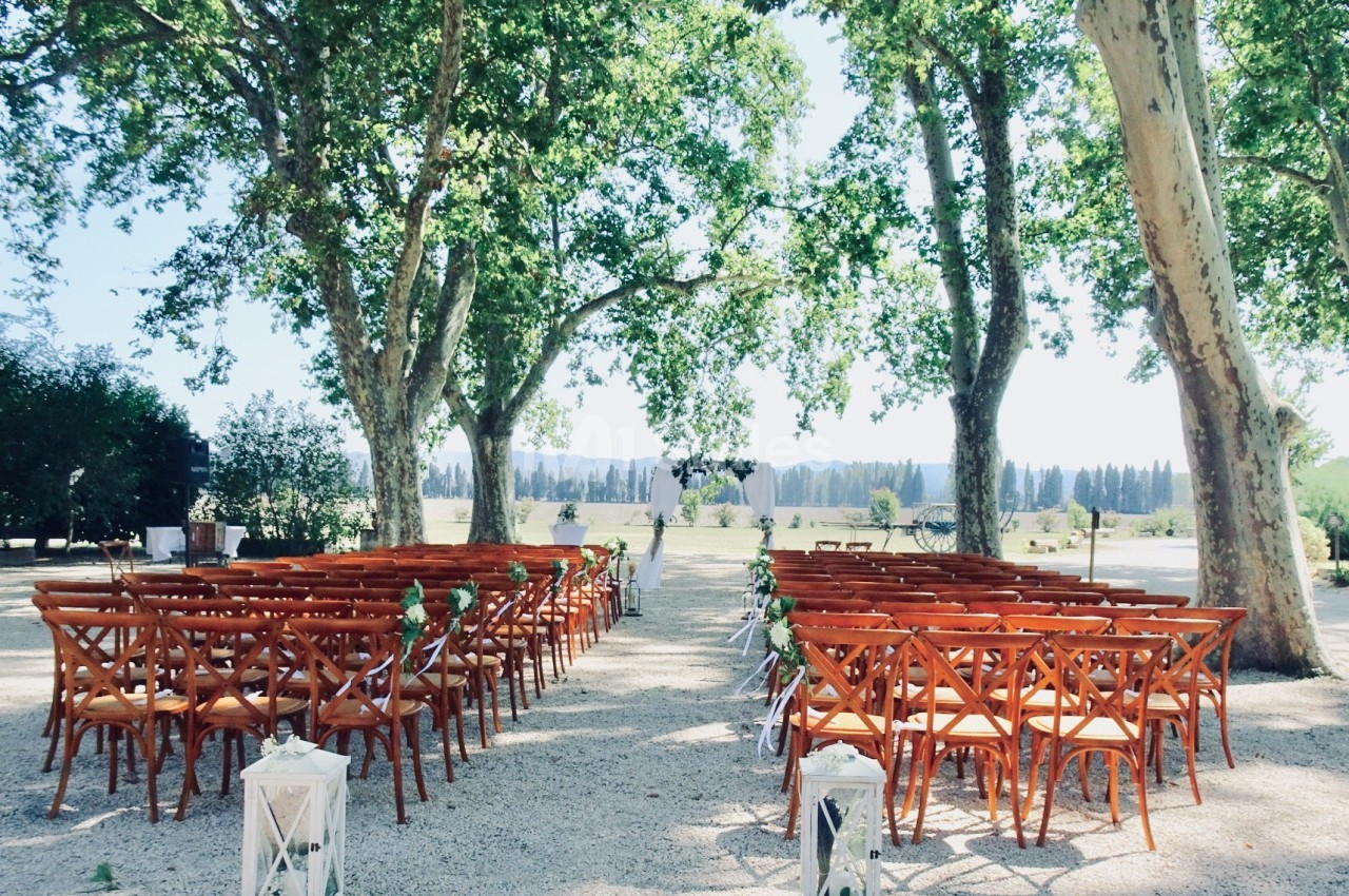 Chaises en bois disposées en rangées sous des arbres, formant une allée menant à une arche décorée pour une cérémonie en…