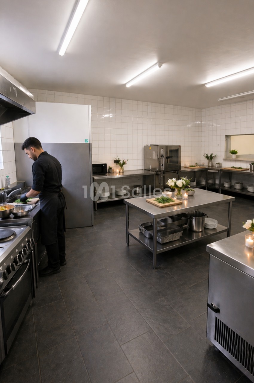 Un chef cuisine dans une grande cuisine professionnelle équipée de plans de travail en acier inoxydable.